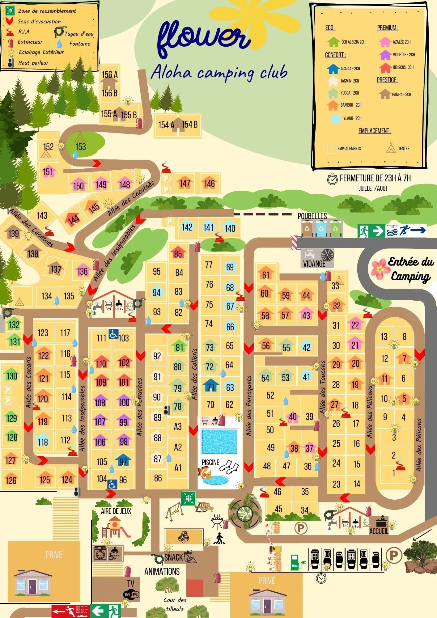 infos pratiques: Plan du Aloha Camping Club présentant les hébergements, emplacements, piscine et services près d’Amélie-les-Bains